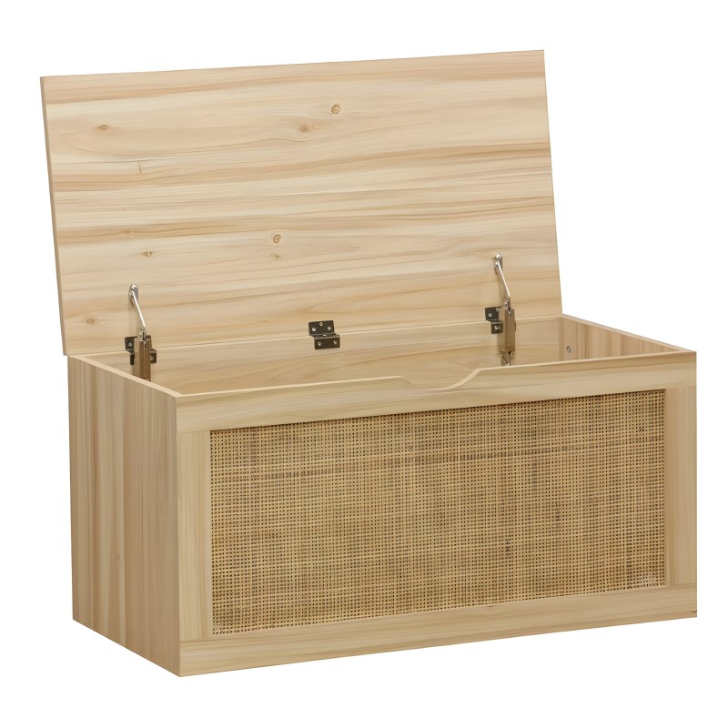 Baúl de madera natural con tapa abatible y panel de rejilla en la frontal