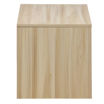 Baúl de madera clara con tablero liso y frente con tableros verticales