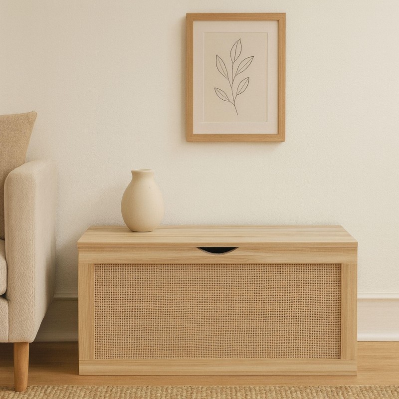 Baúl de madera clara con panel de rejilla y cajón frontal en ambiente de salón junto a sillón beige
