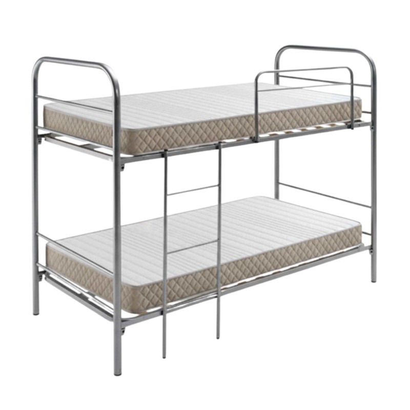 Cama litera metálica con estructura gris y dos colchones acolchados beige y blanco