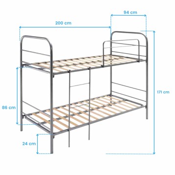 Cama litera de metal gris con estructura tubular y somier de madera natural vista frontal con medidas