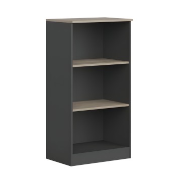 Estantería de madera gris antracita con dos estantes en tonos claros y estructura abierta frontal