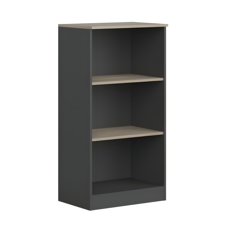 Estantería de madera gris antracita con dos estantes en tonos claros y estructura abierta frontal