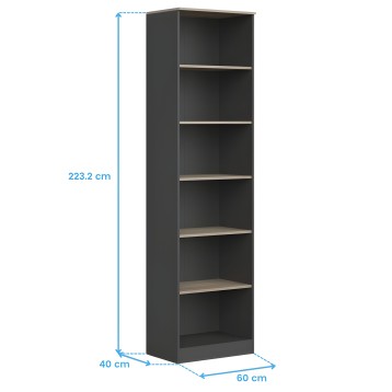 Estantería vertical negra con siete estantes de madera clara y estructura cerrada lateral