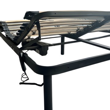 Base cama ajustable negra con estructura de metal y láminas de madera con mecanismo de elevación y control remoto