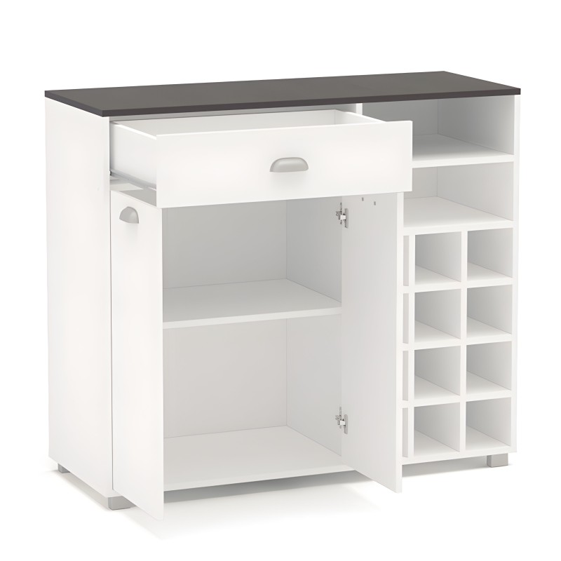 Mueble auxiliar blanco y gris con cajón superior y puertas abatibles inferiores y estantes laterales abiertos
