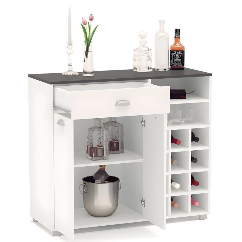 Mueble bar blanco con encimera gris y compartimentos para botellas y copas con cajón superior