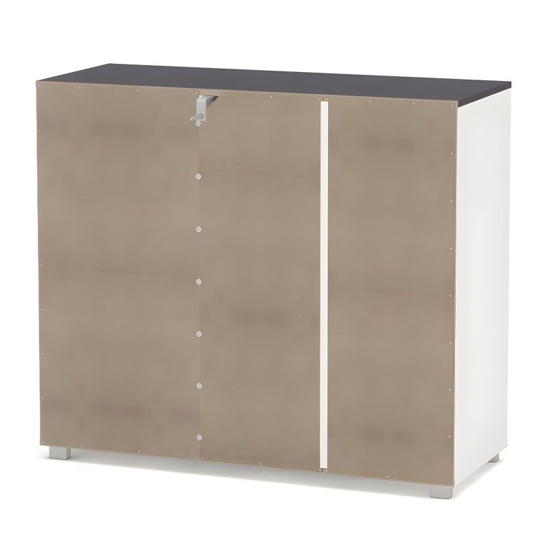Armario bajo con puertas correderas beige y tapa negra sobre base blanca
