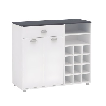 Mueble auxiliar blanco con encimera gris antracita y módulos de almacenamiento con puertas y casilleros abiertos