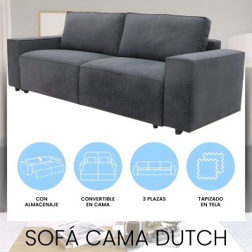 Sofá de 3 plazas gris oscuro convertible en cama con almacenaje y tapizado en tela