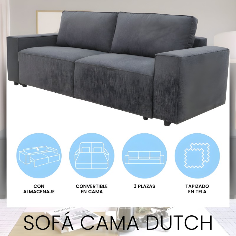 Sofá de 3 plazas gris oscuro convertible en cama con almacenaje y tapizado en tela