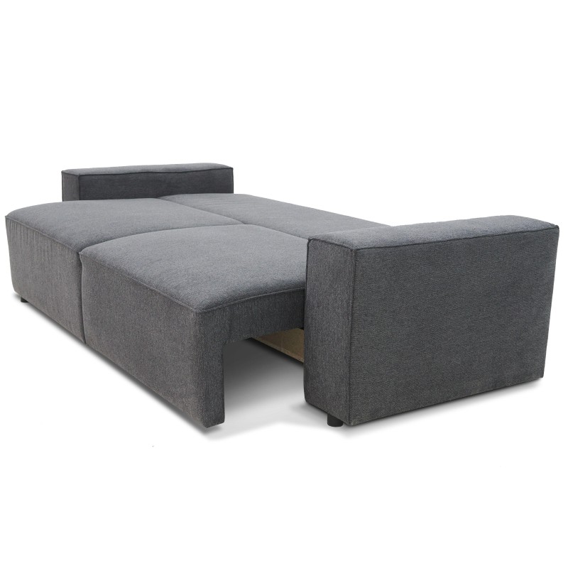 Sofá cama gris en tela con respaldo y asiento abierto mostrando mecanismo de transformación