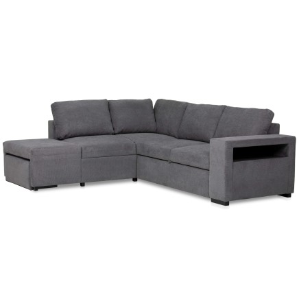 Sofá seccional gris en forma de L con chaise longue y reposabrazos altos modelo modular