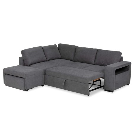 Sofá esquinero gris oscuro con chaise longue y cama abatible integrada vista frontal
