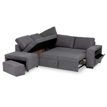 Sofá cama esquinero gris con almacenamiento y respaldo abatible convertible en cama