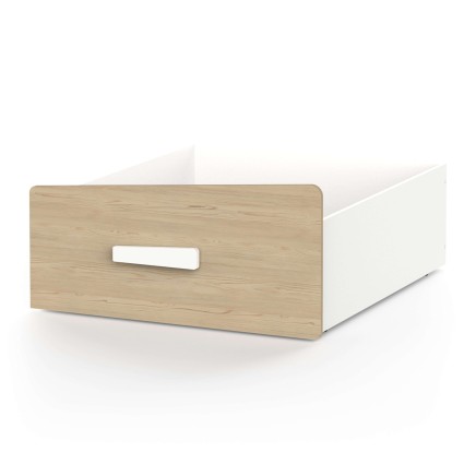Cajón de madera clara y blanco con asa rectangular integrada y frente redondeado