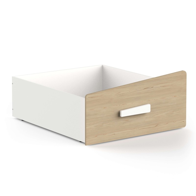 Cajón blanco con frente en madera clara y tirador rectangular integrado