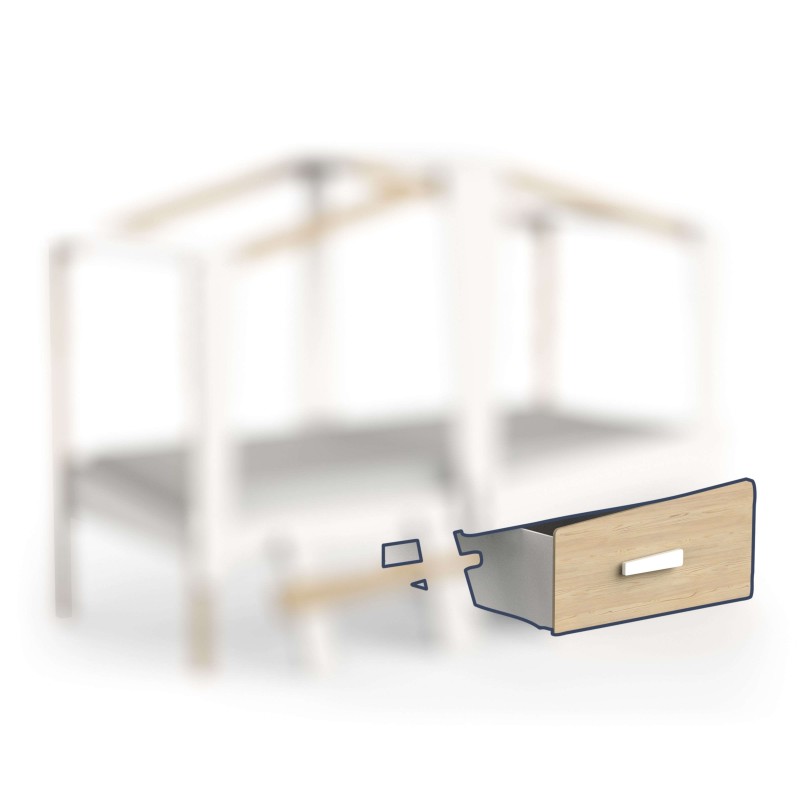 Cajón de madera clara con tirador blanco y estructura metálica gris para cama dosel