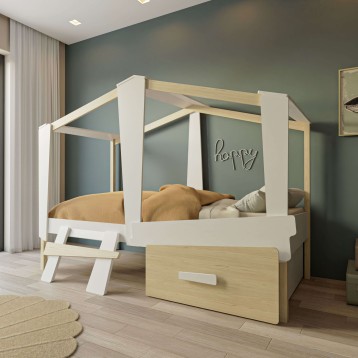 Cama con dosel de madera natural y blanco con escalera lateral y cajón inferior en dormitorio con pared verde