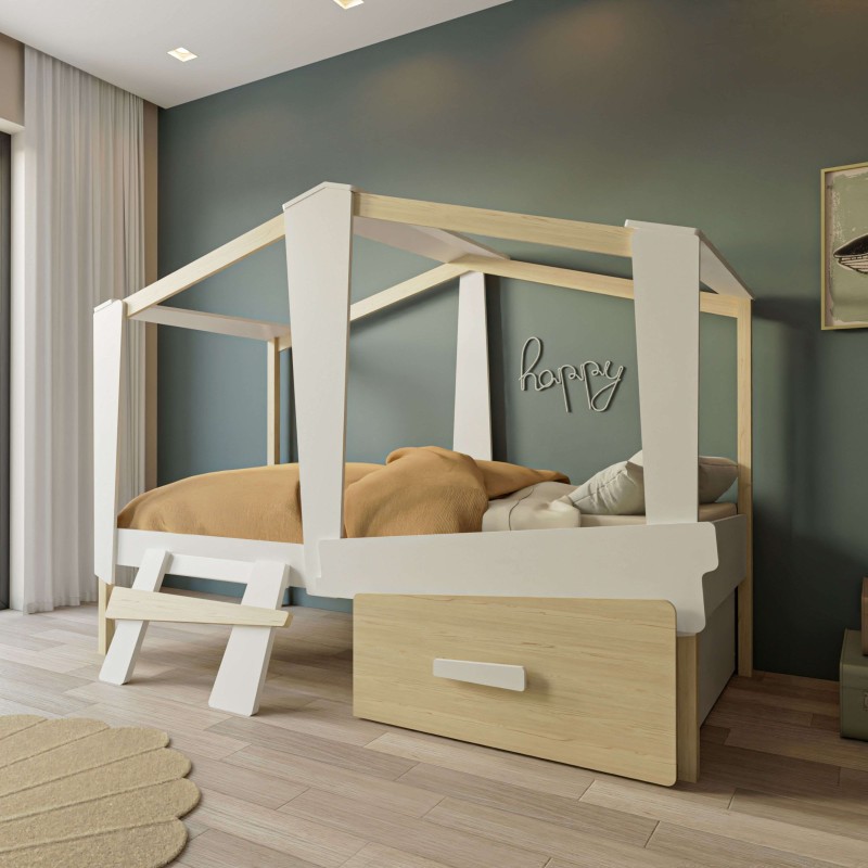 Cama con dosel de madera natural y blanco con escalera lateral y cajón inferior en dormitorio con pared verde