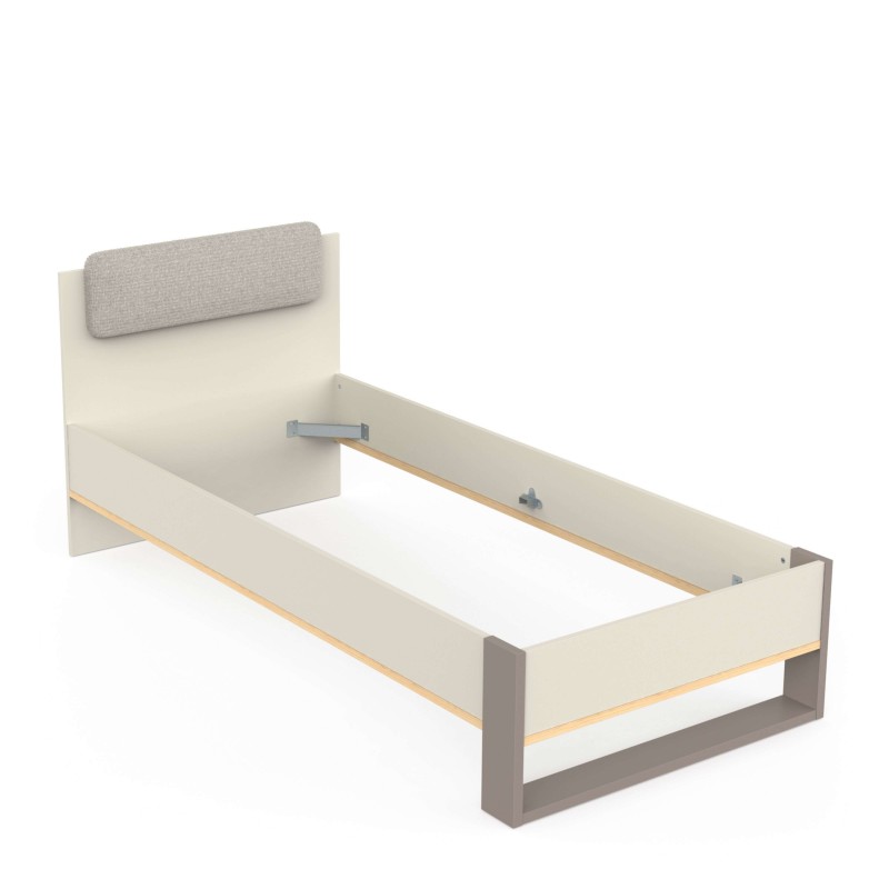 Cama individual estructura blanca con detalles en madera natural y cabecero tapizado gris claro