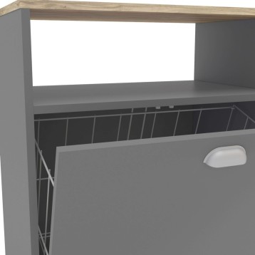 Mueble auxiliar con ruedas frente beige y estructura gris con estante abierto y puerta inferior