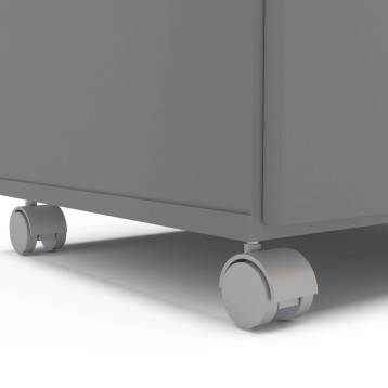 Mueble organizador gris con estante superior y cesto extraíble con divisiones internas y tirador blanco