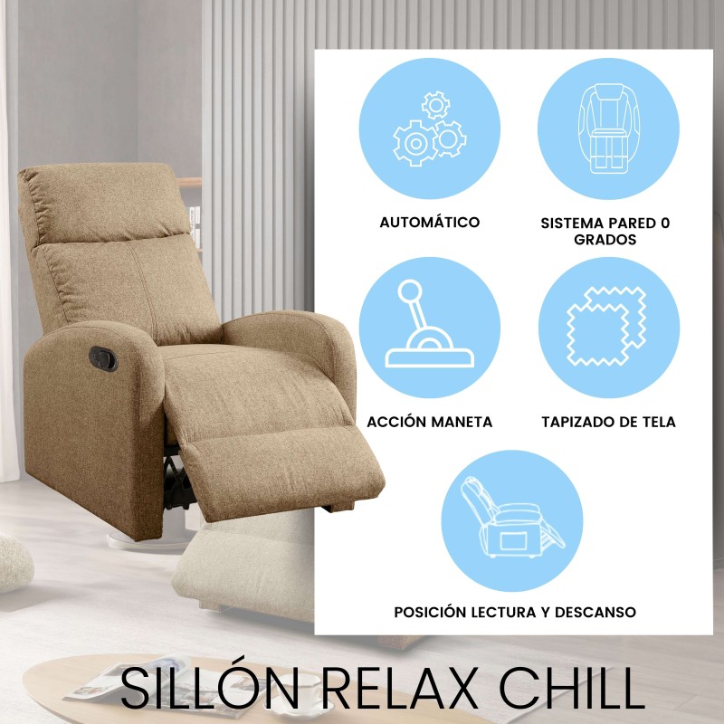 Sillón relax reclinable en tela beige con respaldo alto y reposapié extensible junto a infografía de características