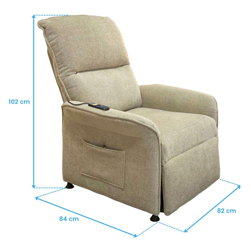 Sillón relax tapizado en beige con respaldo reclinable y bolsillo lateral frontal