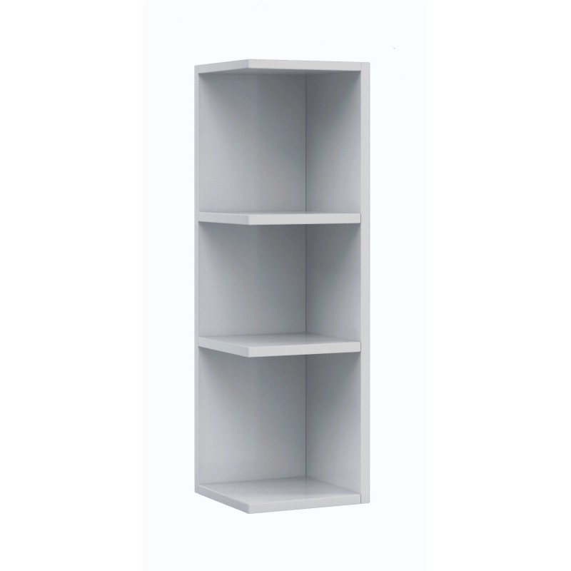 Estantería vertical blanca con tres compartimentos abiertos y divisiones interiores