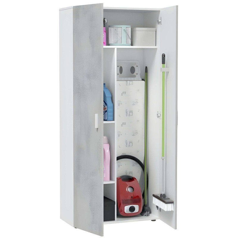 Armario multiusos blanco con puertas abiertas mostrando interior con estantes y artículos de limpieza