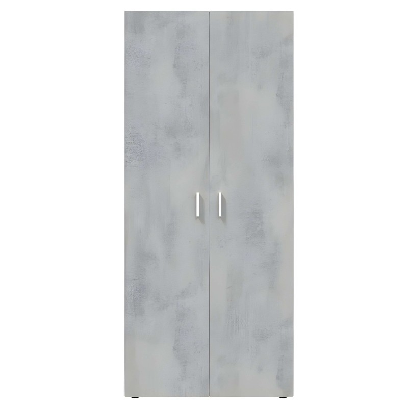 Armario de dos puertas con acabado cemento gris y tiradores metálicos plateados