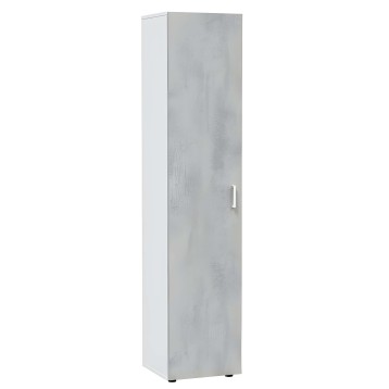 Armario alto estrecho con puerta abatible y acabado en gris cemento con tirador metálico