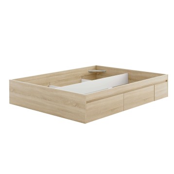 Cama con cajonera en madera clara y divisor interior blanco con tirador metálico