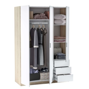 Armario empotrable blanco y madera con puertas abatibles y cajones organizadores vista frontal abierta