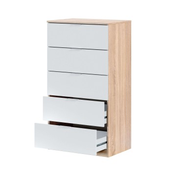 Cómoda de madera clara con cinco cajones blancos y guías metálicas de apertura suave