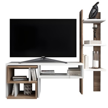 Mueble TV modular blanco y madera con estantería vertical y compartimentos de almacenaje