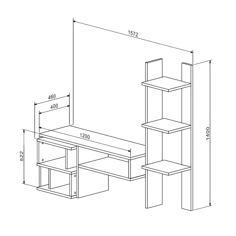 Mueble TV modular de tres niveles vista en plano técnico