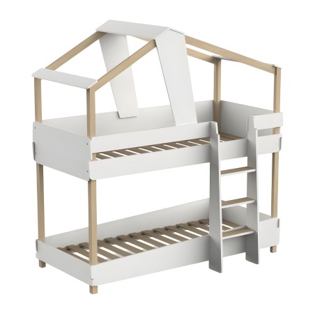 Cama litera infantil con dosel blanco y estructura de madera natural con escalera lateral integrada