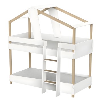 Cama litera infantil con dosel en madera natural y blanco con escalera lateral integrada