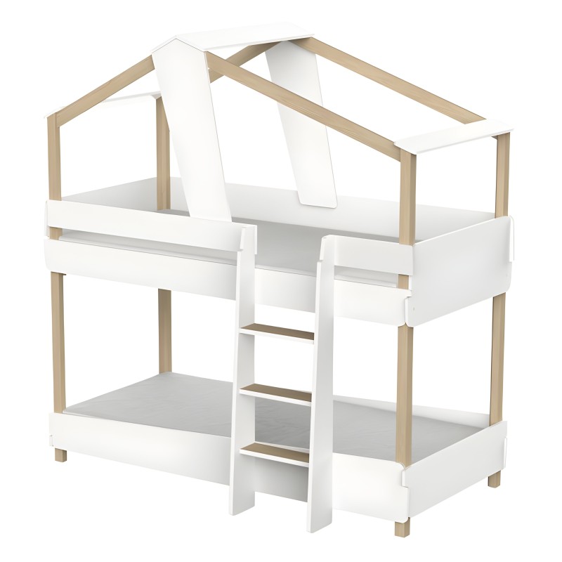 Cama litera infantil con dosel en madera natural y blanco con escalera lateral integrada