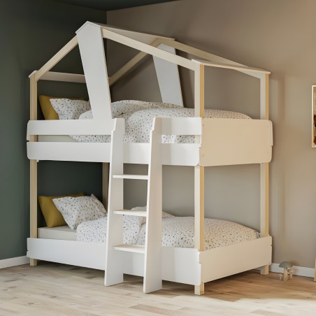 Cama litera infantil con estructura en forma de casita madera natural y blanco con escalera central