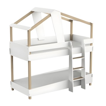 Cama litera infantil con estructura de madera natural y blanco con forma de casita y escalera lateral