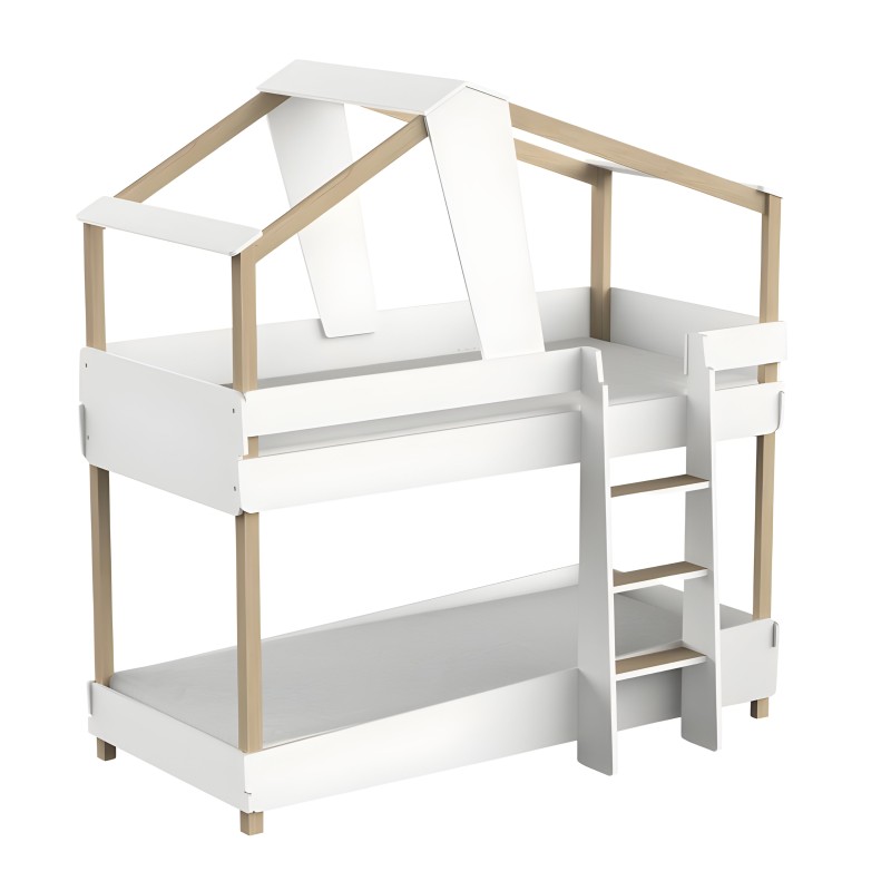Cama litera infantil con estructura de madera natural y blanco con forma de casita y escalera lateral