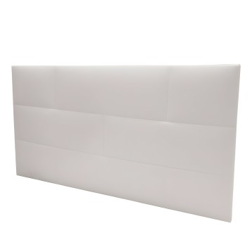 Cabecero tapizado en tela beige claro con paneles acolchados horizontales