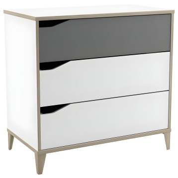 Cómoda de tres cajones blanca y gris con tiradores negros y patas de madera clara