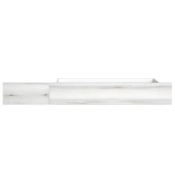 Cajón de madera blanca con veteado gris y tirador metálico vista frontal y lateral