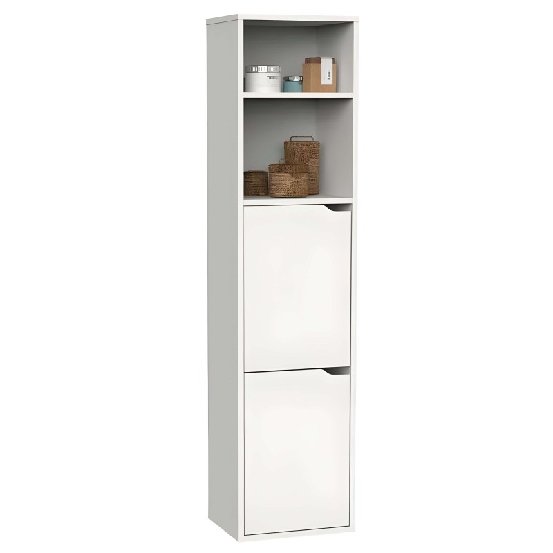 Estantería vertical blanca con dos compartimentos abiertos y dos puertas inferiores y cestas de fibra natural