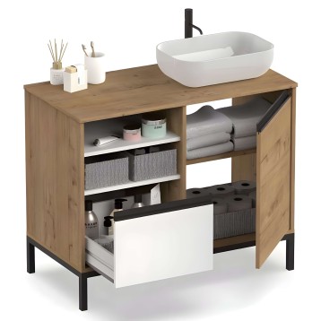 Mueble lavabo en madera natural con cubierta de tablero y lavamanos blanco rectangular con grifo negro