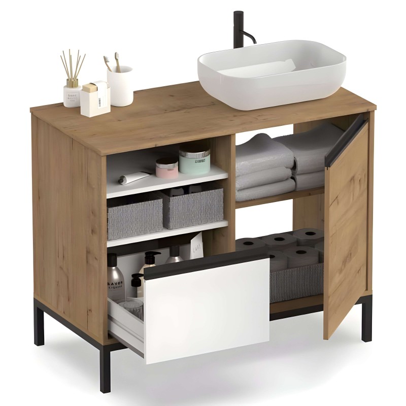Mueble lavabo en madera natural con cubierta de tablero y lavamanos blanco rectangular con grifo negro